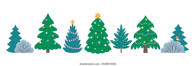 Conjunto de Vector de árboles de Navidad, abeto, abeto, pinos y arbustos nevados aislados sobre fondo blanco. Arte de Clip del paisaje del bosque del invierno.