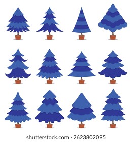 Vector set of Christmas trees without decoration in blue color. Winter trees collection for holiday Christmas and new year. Can be used for printed materials-posters, leaflets or for web.