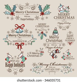 Vector set: Christmas vintage Icons. hand drawn 