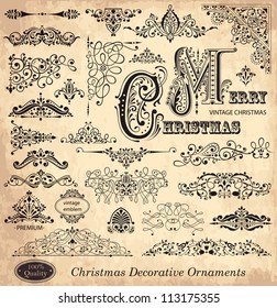 Vector set of Christmas vintage ornaments, design elements and  frames.