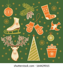 Vector set of Christmas and winter design element. Christmas tree and decoration, branches of fir, ice skates, mittens, sock, bird, head of deer, gift box with bow. Simple illustration for print, web