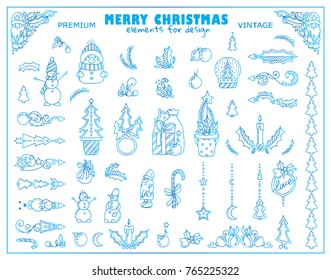 Vector set of Christmas and winter holidays theme elements. arrows, tiny illustrations, symbols. Hand drawn cutie elements consist from tiny snowmen, Christmas trees, stars, elves. Frozen blue style