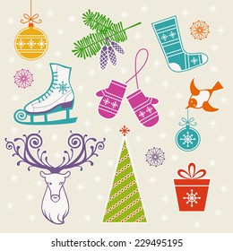 Vector set of Christmas and winter icon. Christmas tree, decoration, branches of fir, ice skates, mittens, sock, bird, head of deer, gift box. Simple illustration for print, web