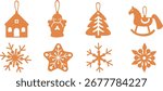 Vector set of Christmas wood decorations. Silhouettes with house, angel, Christmas tree, rocking horse, snowflakes and star. Seasonal clipart for winter holiday design