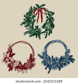 Vector set of Christmas wreath and bow. Hand-drawn vintage poster with handwritten short phrase isolated on beige background. Illustration for design, print, fabric or background.