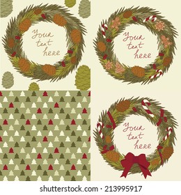 Vector set of Christmas wreath and one Christmas wrapping paper.