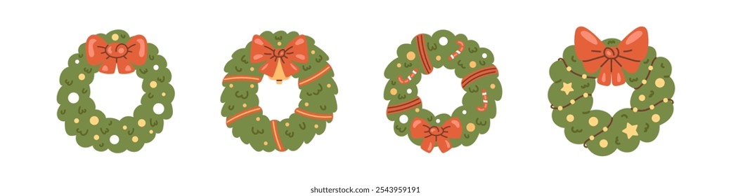 Conjunto vetorial de coleção de coroas de Natal com azevinho, galhos de pinho e decorações festivas. Ilustração de grinaldas para celebrações de inverno e cumprimentos de férias. Desenho de Natal e Ano Novo.