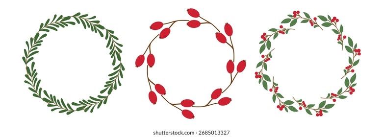 Vector set of Christmas wreaths with winter greenery and red berries. Holiday circle frames. Perfect for decoration, greeting cards, invitations, posters, and festive seasonal design.