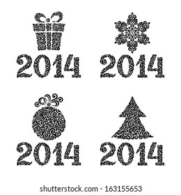 Vector set of Christmas/New Year 2014 decor: ball, snowflake, tree, gift box. Ornate elements, vintage illustration