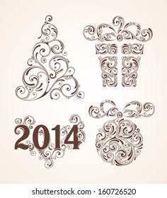 Vector set of Christmas/New Year decor: ball, tree, gift. Ornate elements, Vintage illustration