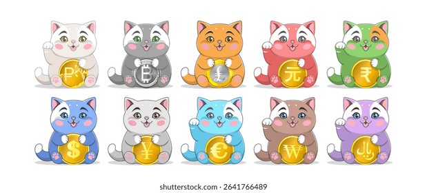 Vector set, chubby, calling monetary cats. Sitting lucky pussies with coins of different currencies. Collection of feline stickers. Bitcoin, ruble, pound, yuan, rupee, dollar, yen, euro, won and riyal