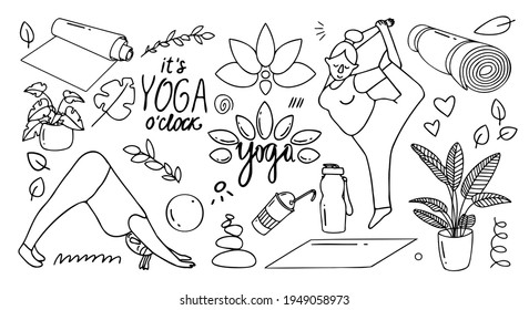 vector set with chubby girls in yoga pose. girls practice yoga surrounded by plants and sporting goods. yoga lettering