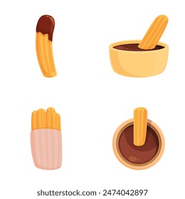 Vector set of churros, traditional fried pastry with rich chocolate sauce, isolated on white