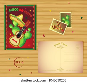 Vector set for Cinco de Mayo from templates cards from postcards and stamps. On a wooden background