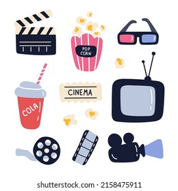 Vector set of cinema illustrations. Popcorn, TV, camera and other elements.