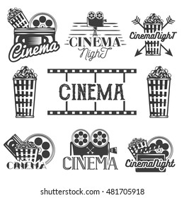 Vector set of cinema labels and logos. Isolated illustration in vintage style, monochrome badges, emblems and design elements of movie theater