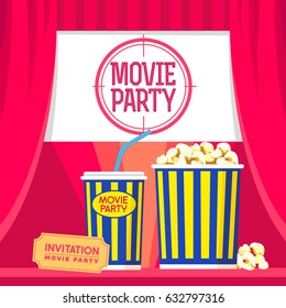 Vector set Cinema party popcorn, Cup, Cinema clap Design for an invitation, advertising of the festival, web banner