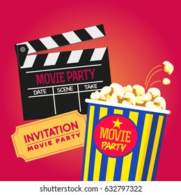 Vector set Cinema party popcorn, Cup, Cinema clap Design for an invitation, advertising of the festival, web banner