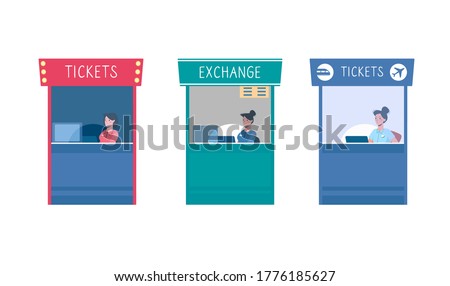 Vector set Cinema ticket office, currency exchange and air and railway ticket office. Flat cartoon style. Isolated on white background, cash box with cashiers in uniform
