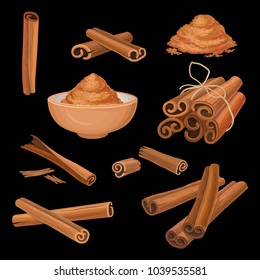 Vector set of cinnamon sticks and powder. Aromatic condiment. Spicy seasoning for dishes, sweets and drinks. Culinary theme. Cooking and aromatherapy ingredient