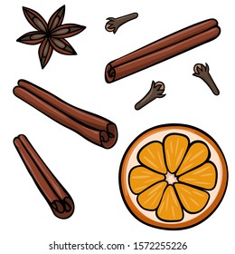Vector set of cinnamon sticks, star anise, orange, clove which are for winter holiday hot drinks at Christmas.
