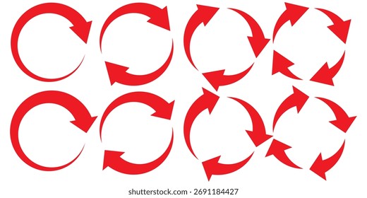 Vektorsatz mit Kreispfeilen, einzeln auf weißem Hintergrund. Pfeil drehen und Ladesymbol drehen. Zirkularrotationsladeelemente, Redo-Verfahren.