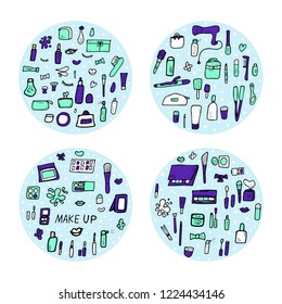Vector set of circle badges of beauty items. Kit of doodle style cosmetic tools. Makeup collection.  