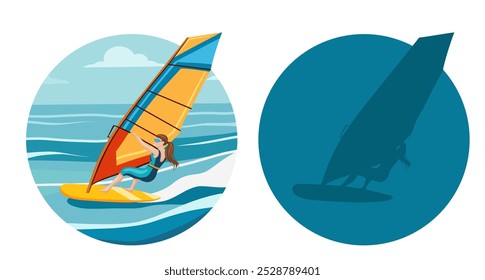 Conjunto vetorial de emblemas de círculo com windsurf em estilo plano e silhueta. Banner redondo de coleta com mulheres surfistas isoladas do fundo. Ativo estilo de vida de verão clip art. Atividades de férias