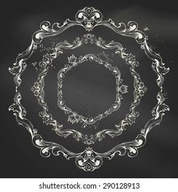 Vector set of circle chalk frames. Vintage frames and page decorations on blackboard background. There is place for your text in the center.