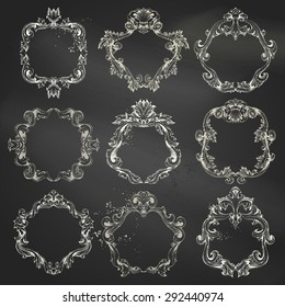 Vector set of circle chalk frames. Vintage frames and page decorations on blackboard background. There is place for your text in the center.