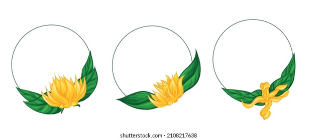 Vector set of circle frames with flat hand drawn tropical flowers ylang ylang with foliage and copy spaces. Natural floral round borders in cartoon style with place for text. Templates for card 