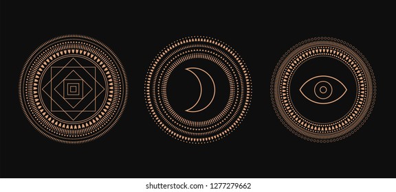 Vector Set of Circle Geometric Ornaments. Geometric alchemy symbol. Abstract occult and mystic signs. Black background.