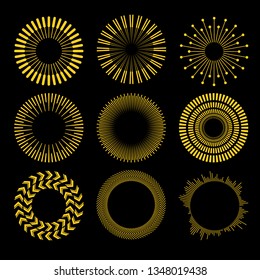 Vector Set of Circle Geometric Ornaments. Ornamental Round Decor. Sun set. Vector illustration isolated on black