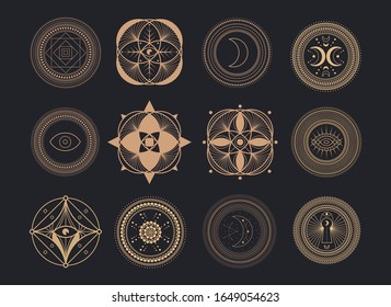 Vector Set of Circle Geometric Ornaments. Geometric mandalas alchemy symbol. Abstract occult and mystic signs. Black background.