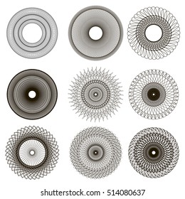 Vector Set of Circle Geometric Ornaments. Guilloche Rosettes Isolated. Ornamental Round Decor