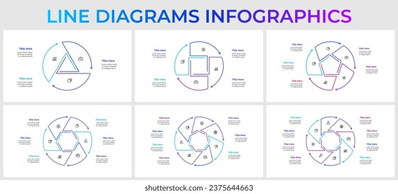 Vector set of circle infographics outline elements with 3, 4, 5, 6, 7 and 8 options, steps or parts