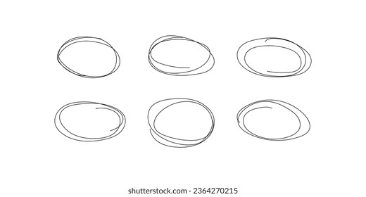 Conjunto vectorial de bocetos de línea circular, marcos geométricos de doodle aislados sobre fondo blanco. Burbuja de graffiti a lápiz o pluma mediante dibujo a mano.