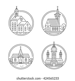 Vector set of circle logo design templates - christian church concepts isolated on white. Icons and symbols in linear style. City religions buildings.