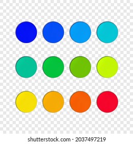 Vector Set of Circle Stickers, Rainbow Colors, Soft Color Shifting, Blank Round Shaped Frames Isolated on Light Transparent Background.