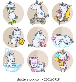 Vector set of circle stickers  with unicorn in various poses