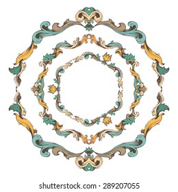 Vector set of circle vintage frames. Bright hand-drawn frames and page decorations with retro ornament. There is place for your text in the center.