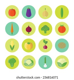 Vector set of circled isolated icons with vegetables in flat style for web and mobile app design