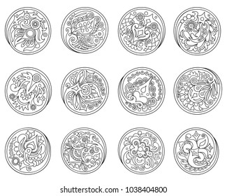 Vector set of circles with ethnic floral abstract elements