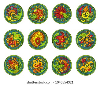 Vector set of circles with ethnic floral abstract elements