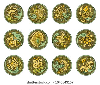 Vector set of circles with ethnic floral abstract elements