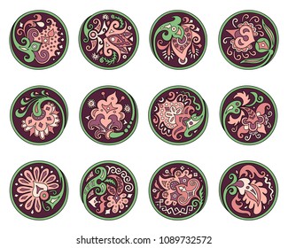 Vector set of circles with ethnic floral abstract elements