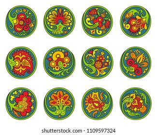 Vector set of circles with ethnic floral abstract elements