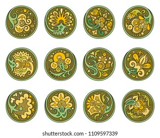 Vector set of circles with ethnic floral abstract elements