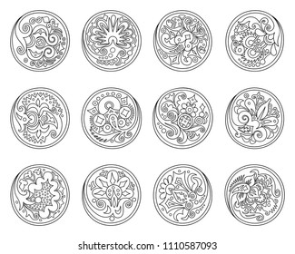 Vector set of circles with ethnic floral abstract elements
