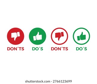 Vector Set of Circular Do's and Don'ts Icons with Thumbs Up and Thumbs Down Symbols for Best Practices